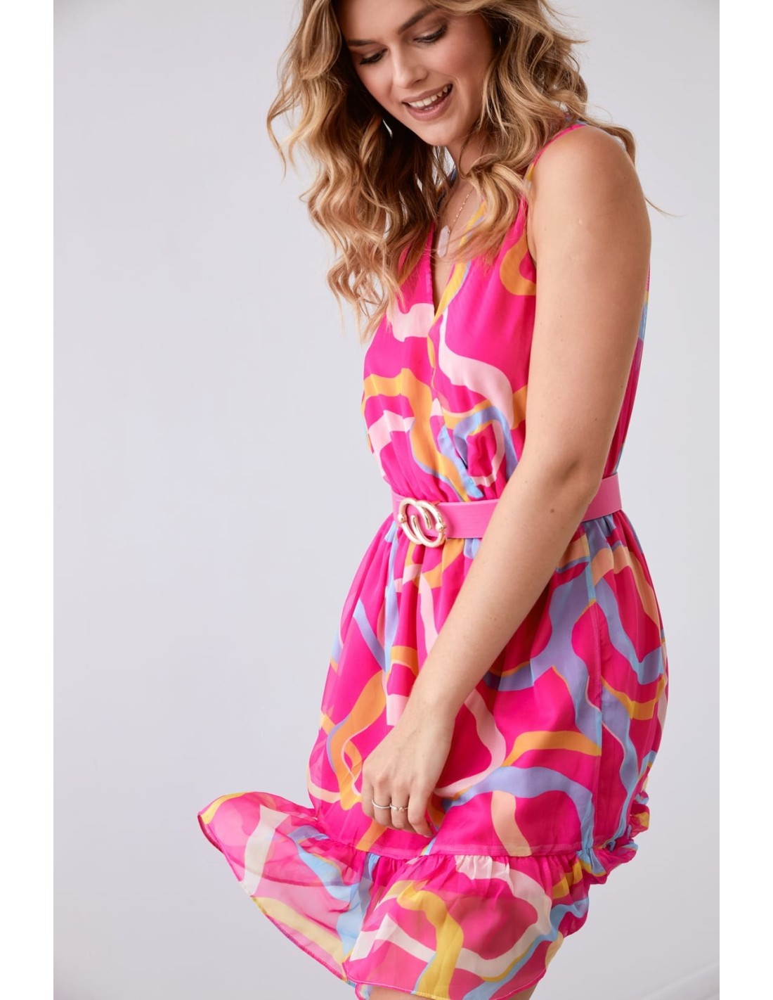 Light patterned dress with a belt, pink and blue 03040 - Online store - Boutique